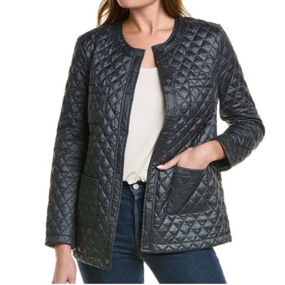 J. McLaughlin Quilted Snap-Front Jacket patch pockets - grey blue women medium